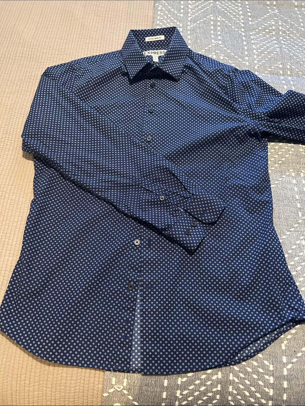 Express Men's Navy Blue Microdot Dress Shirt